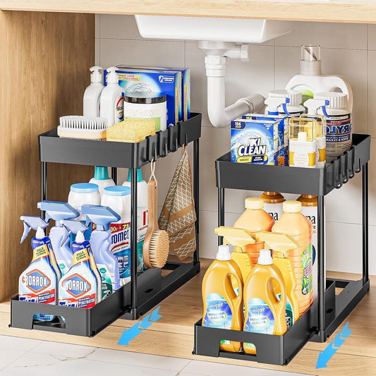Delamu 2 Pack Under Sink Pull-Out Storage Tier with Hooks, Black, Bathroom, Kitchen Cabinet