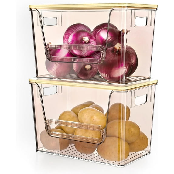 Potato Onion Storage Bin, Delamu 2 Pack Stackable Kitchen Pantry Organizer with Bamboo Lid, Amber