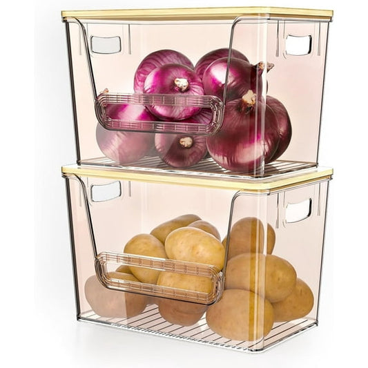 Potato Onion Storage Bin, Delamu 2 Pack Stackable Kitchen Pantry Organizer with Bamboo Lid, Amber