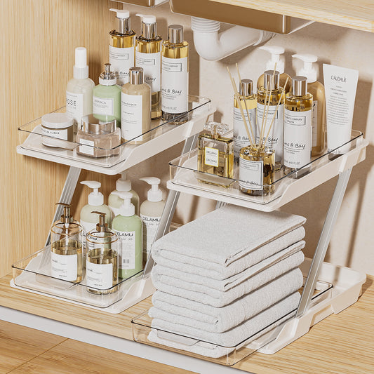 Delamu 2 Pack Under Sinks Organizers and Storage, Multi-Purpose, 2-Tier Clear Pull Out Organization for Bathroom, Kitchen