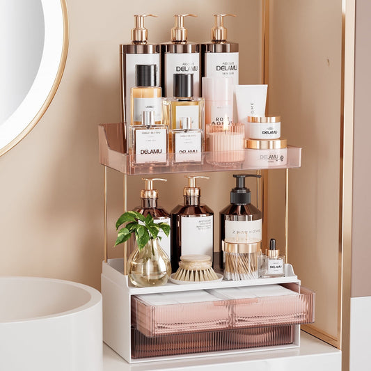 Delamu 2-Tier 2-Drawer Bathroom Organizer Countertop, Multi-Purpose Makeup Organizer Countertop, Large Skincare Organizers, Exquisite Vanity Organizer, Grapefruit Color