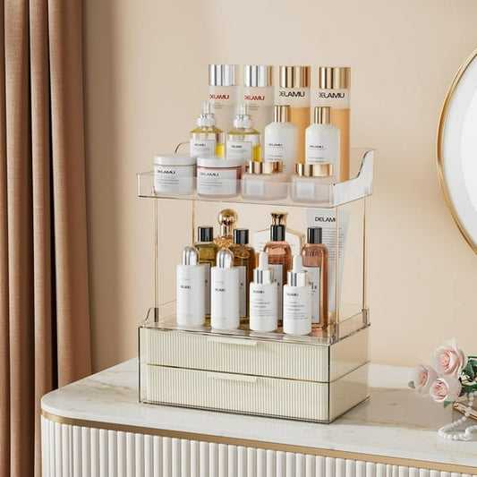 Delamu 2-Tier 2-Drawer Countertop Bathroom Organizer – Multi-Purpose Makeup & Skincare Vanity Storage with Golden Rods, Cream White Color, Exquisite Home Décor Organizer