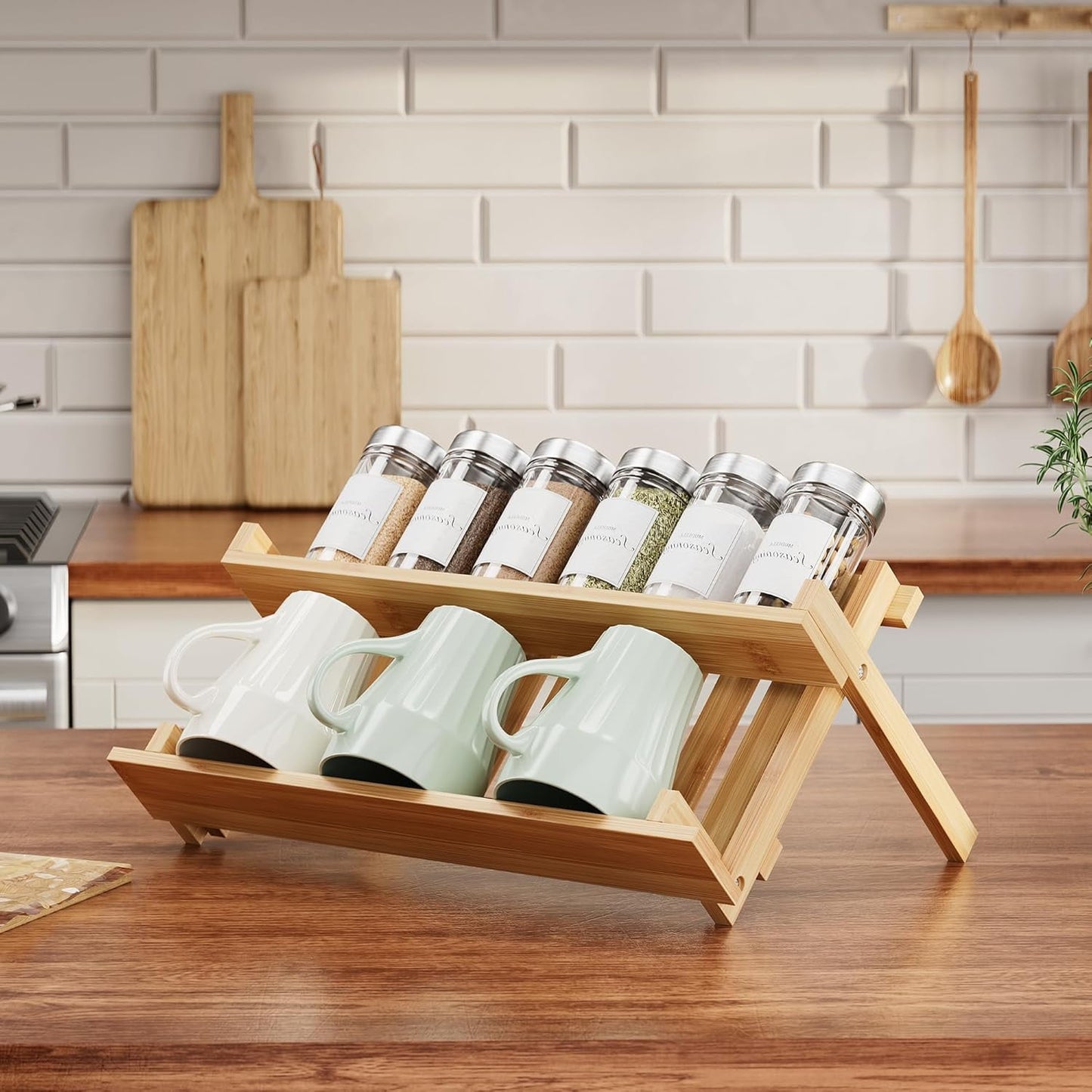 Delamu 2 Tier Foldable Spice Rack Organizer, for Cabinet, Countertop, Pantry, Cupboard Bamboo Seasoning Organizer Kitchen Spices Shelf