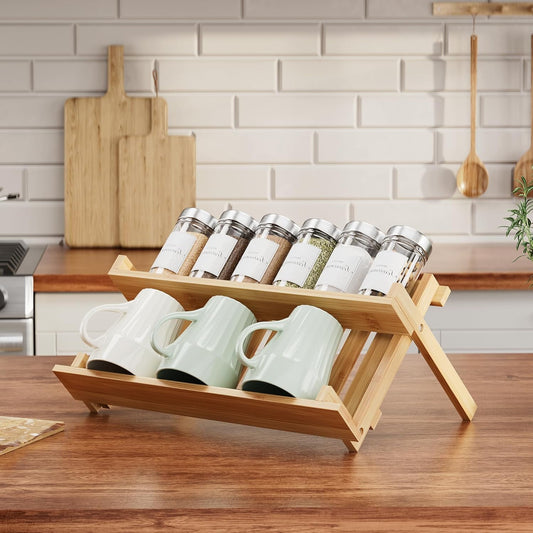 Delamu 2 Tier Foldable Spice Rack Organizer, for Cabinet, Countertop, Pantry, Cupboard Bamboo Seasoning Organizer Kitchen Spices Shelf
