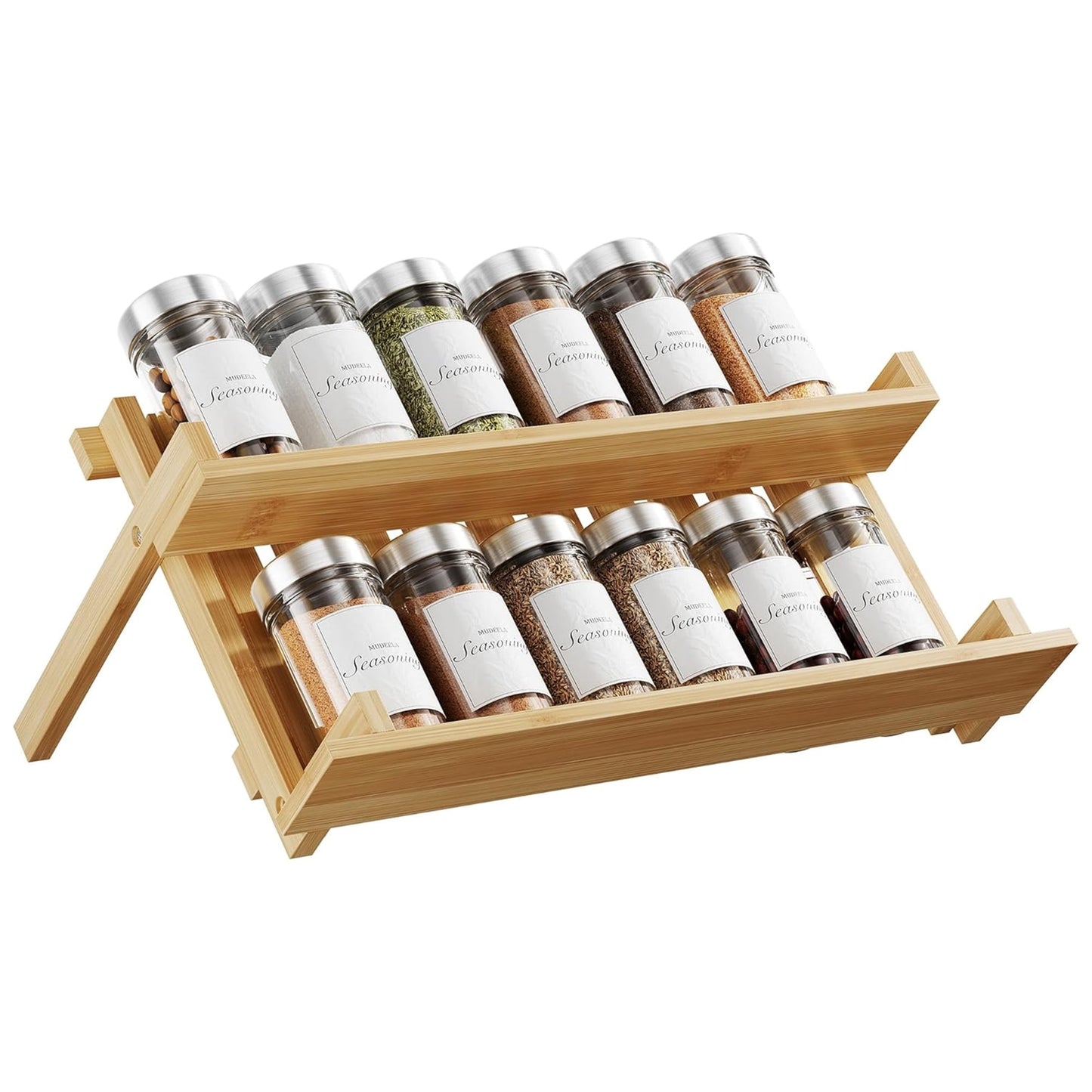 Delamu 2 Tier Foldable Spice Rack Organizer, for Cabinet, Countertop, Pantry, Cupboard Bamboo Seasoning Organizer Kitchen Spices Shelf