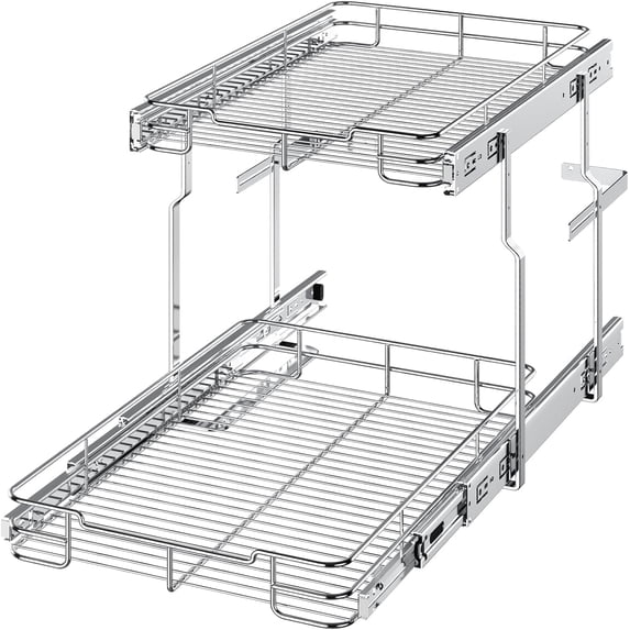 ORDORA 2 Tier Pull Out Cabinet Organizer, Heavy Duty Shelves for Kitchen Bathroom, Slide Out Chrome Steel Shelf Organizer