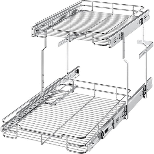 ORDORA 2 Tier Pull Out Cabinet Organizer, Heavy Duty Shelves for Kitchen Bathroom, Slide Out Chrome Steel Shelf Organizer