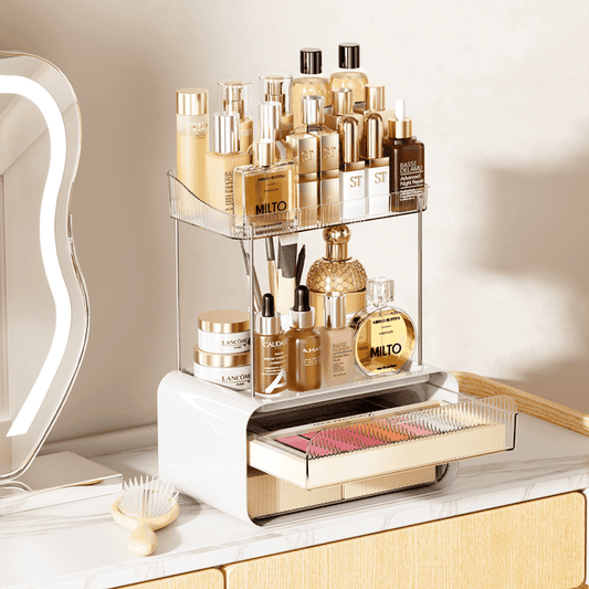 Delamu 3 Tier Clear Makeup Organizer with Drawer, Cosmetic Bathroom Organizers and Storage Countertop, Vanity Tray Holder for Lipstick Brush Skincare