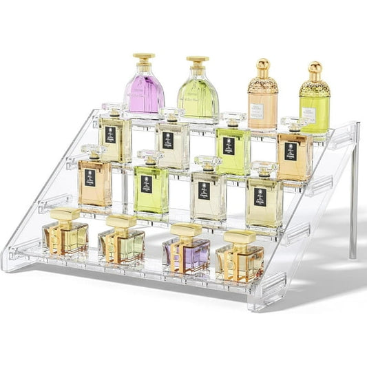 Delamu 4-Tier Perfume Organizer and Storage, 12.4 Inch Cologne Organizer, Bathroom Countertop Cosmetic Storage, Standing Perfume Tray for Bedroom Organization and Decor, Transparent