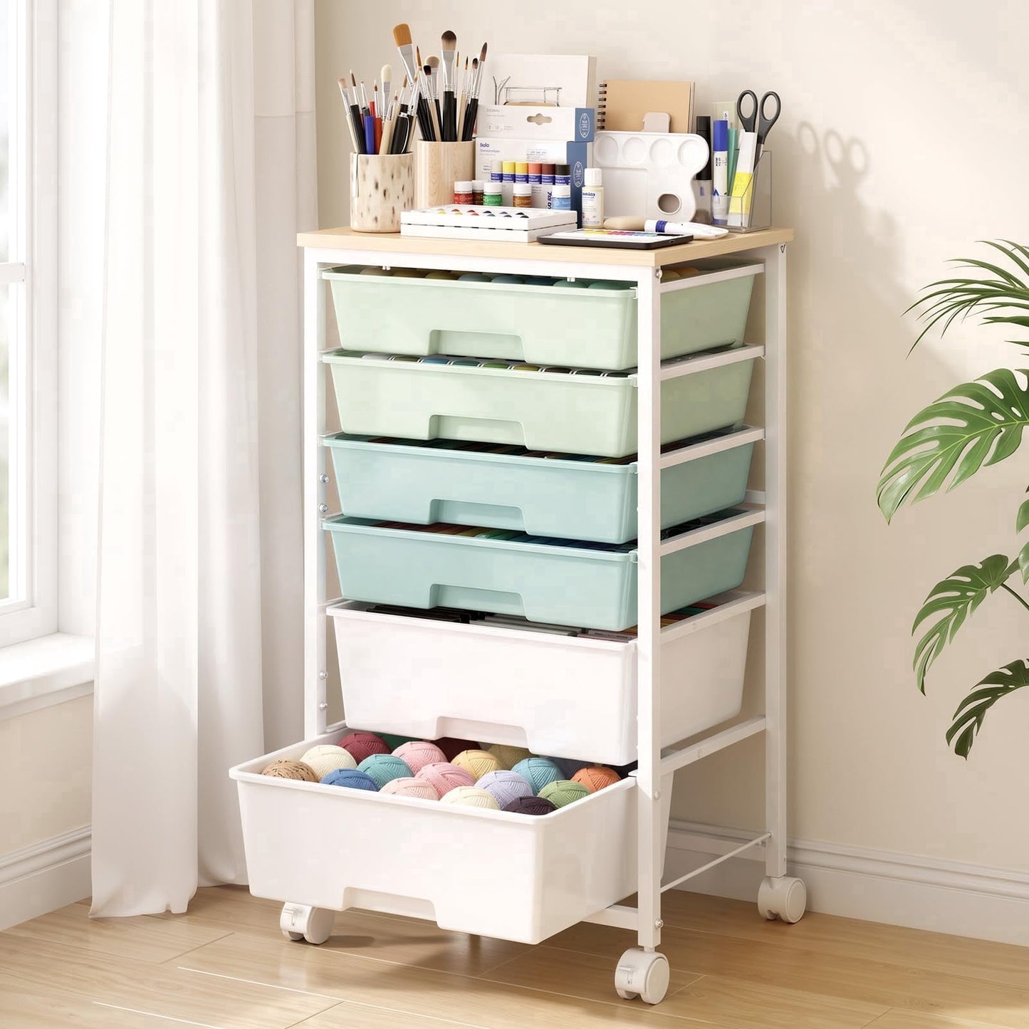 Delamu 6-Drawer Rolling Storage Cart, Storage Drawers Cart with Wooden Tabletop & Lockable Casters for Living Room,Office,Classroom,Craft Room,Bedroom, Gradient Green