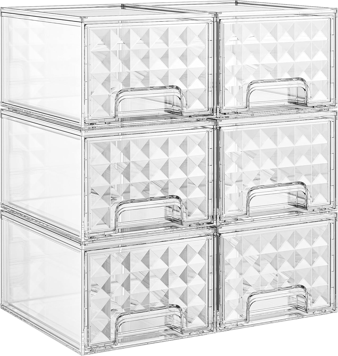 Delamu 6-Pack Stackable Storage Drawers, Makeup Skincare Holder Vanity Storage Organizer, Plastic Storage Bins for Bathroom, Clear