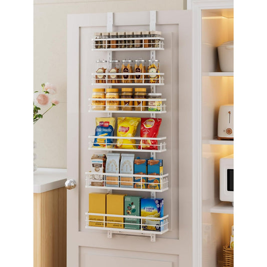 Delamu Over the Door Pantry Organizer, 6 Tier Pantry Door Organizer with Adjustable Basket, Door Spice Rack Seasoning Organizer, Metal Hanging Pantry Organizers and Storage for Kitchen,15.3" White