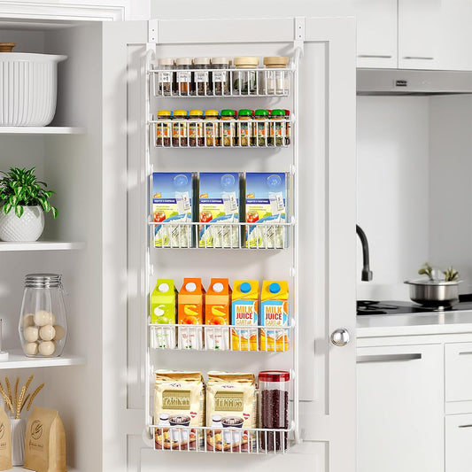 Delamu 5-Tier over Door Metal Spice Rack, over The Door Pantry Organizer, Hanging Shelf for Kitchen Storage and Organization, White 50 inch