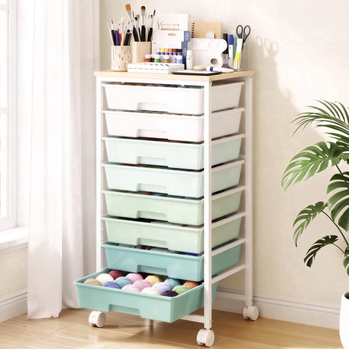 Delamu 8-Drawer Rolling Storage Cart, Storage Drawers Cart with Wooden Tabletop & Lockable Casters for Living Room,Office,Classroom,Craft Room,Bedroom, Gradient Green