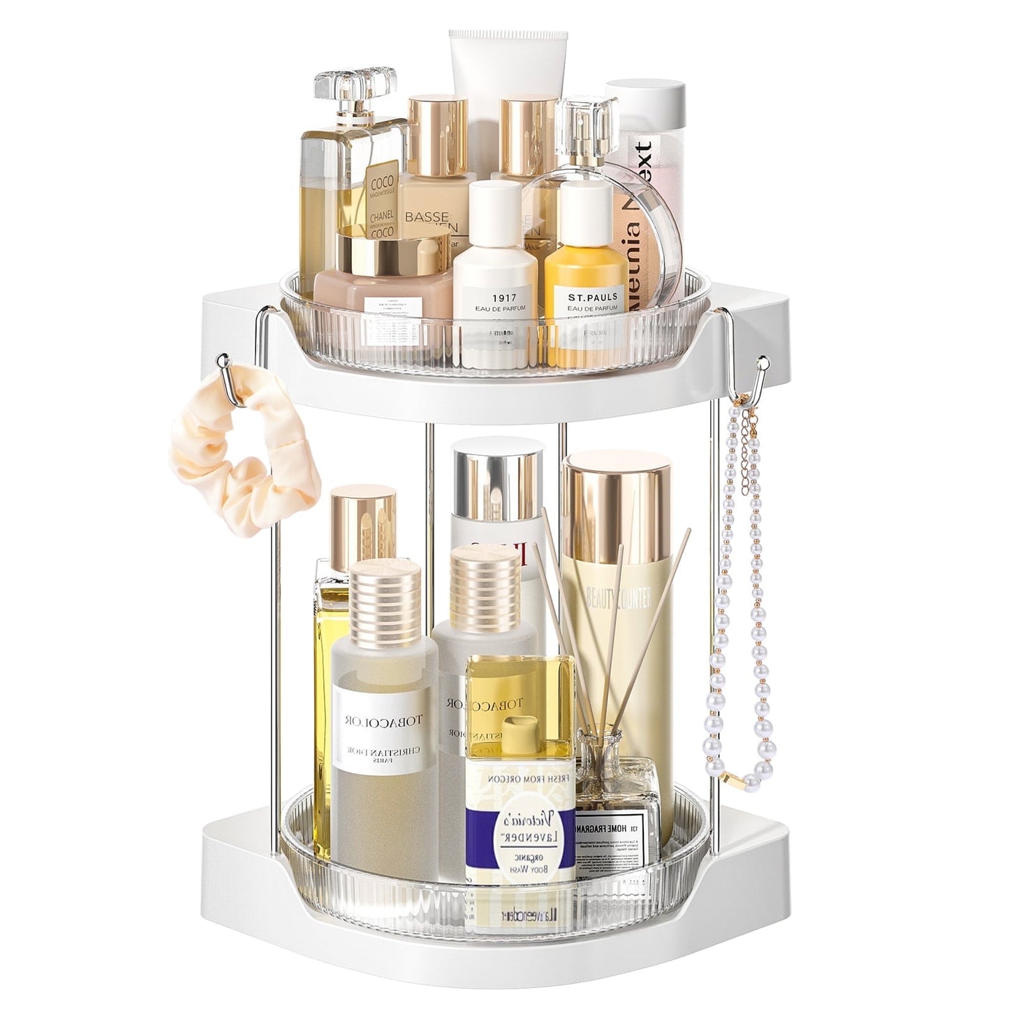Delamu Acrylic Rotating Makeup Organizer 2-tier, Multi-function Lazy Susan Bathroom Counter Organizer, Storage Cosmetic, Skincare, Perfume for Bedroom, Bathroom