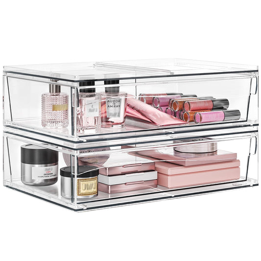 Delamu 12.2''W Stackable Storage Drawers, Clear Acrylic Drawer Modular Bathroom Organizers, 2pcs