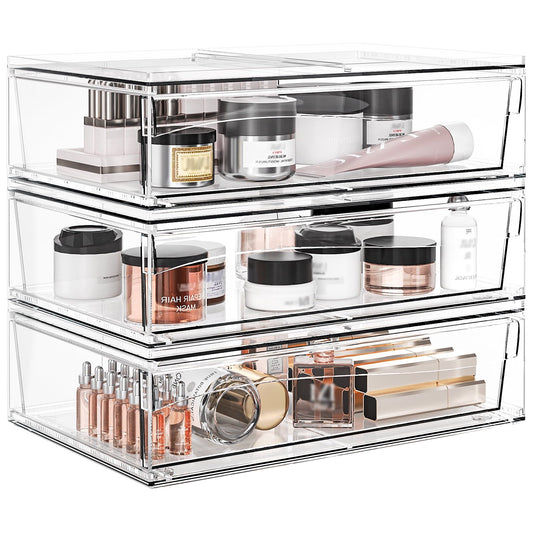 Delamu 12.2''W Stackable Storage Drawers, Clear Acrylic Drawer Modular Bathroom Organizers, 3pcs, Clear