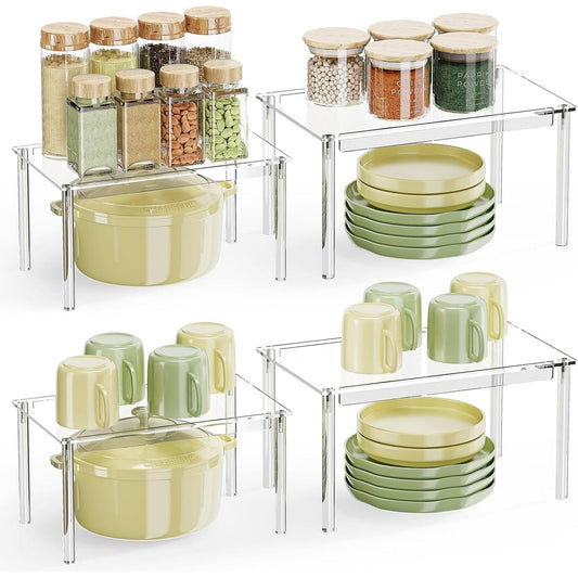 Delamu 2-Tier 4 Pack Spice Rack, Acrylic Seasoning Condiments Organizer for Cabinet, Clear Spice Shelf, S&L