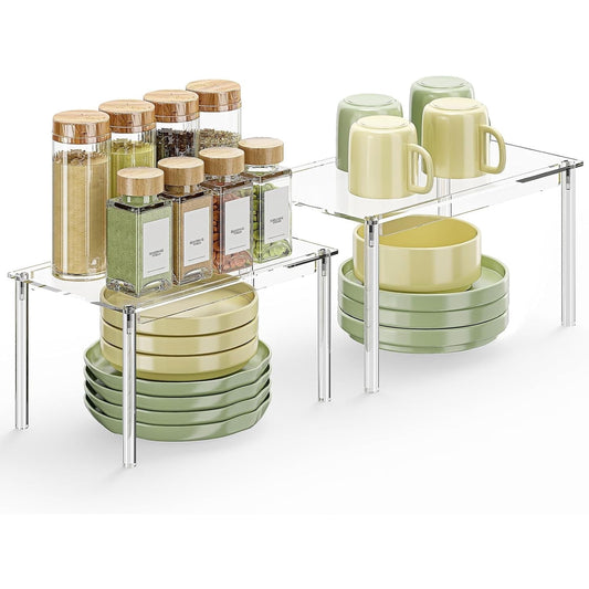 Delamu 2-Tier 2 Pack Spice Rack, Acrylic Seasoning Condiments Organizer for Cabinet, Clear Spice Shelf, 11.7 x 7.7 x 6.3 In