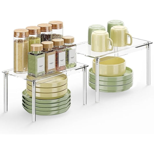 Delamu 2-Tier 2 Pack Spice Rack, Acrylic Seasoning Condiments Organizer for Cabinet, Clear Spice Shelf, 11.7 x 7.7 x 6.3 In