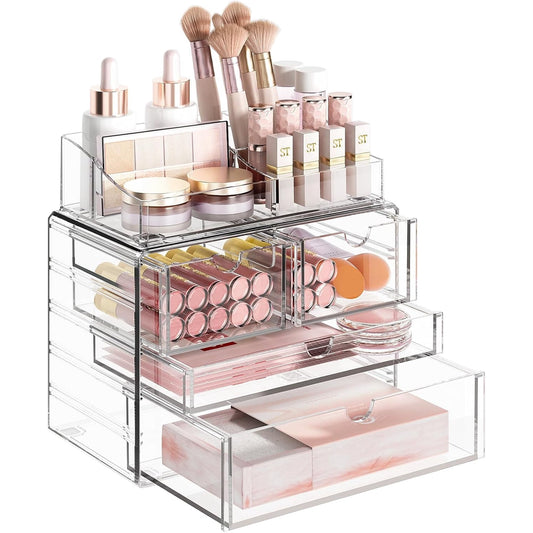 4-Tier Clear Makeup Organizer, Delamu Thick Acrylic Box Organizer, Cosmetics Storage Box, Bathroom Organizer