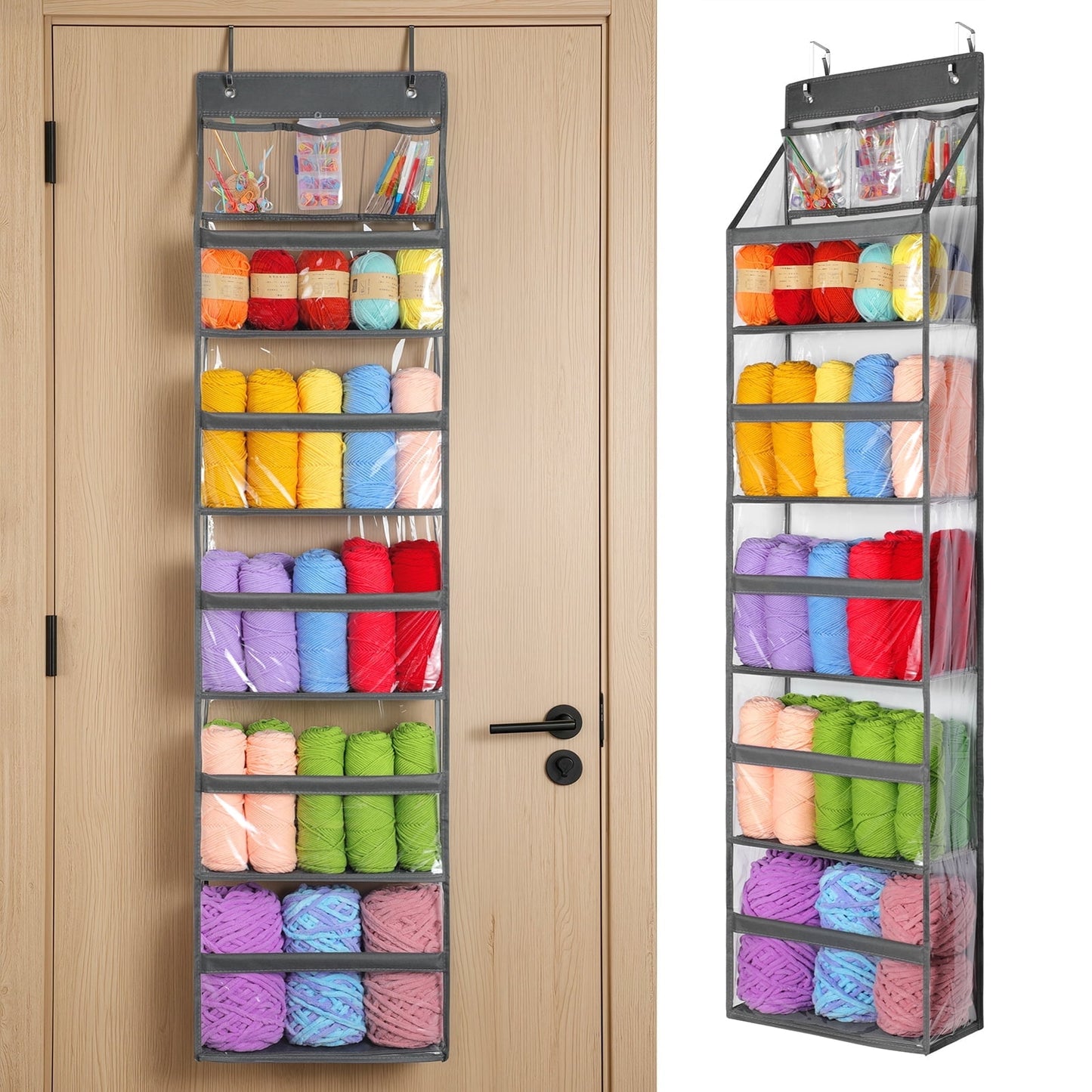 LazySpin Over The Door Organizer 5-Tier Behind The Door Storage with Clear PVC Pockets Large Capacity Hanging Closet Organizer Bathroom (Grey)