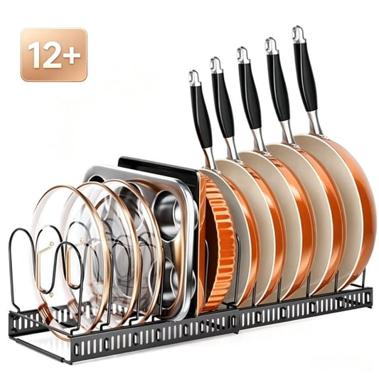 Delamu Expandable Pot and Pan Organizer Rack, 12+ Pot Lid Organizer Holder, Bakeware Adjustable Rack, Kitchen Cabinet Organizer for Bakeware Cutting Boards, Black