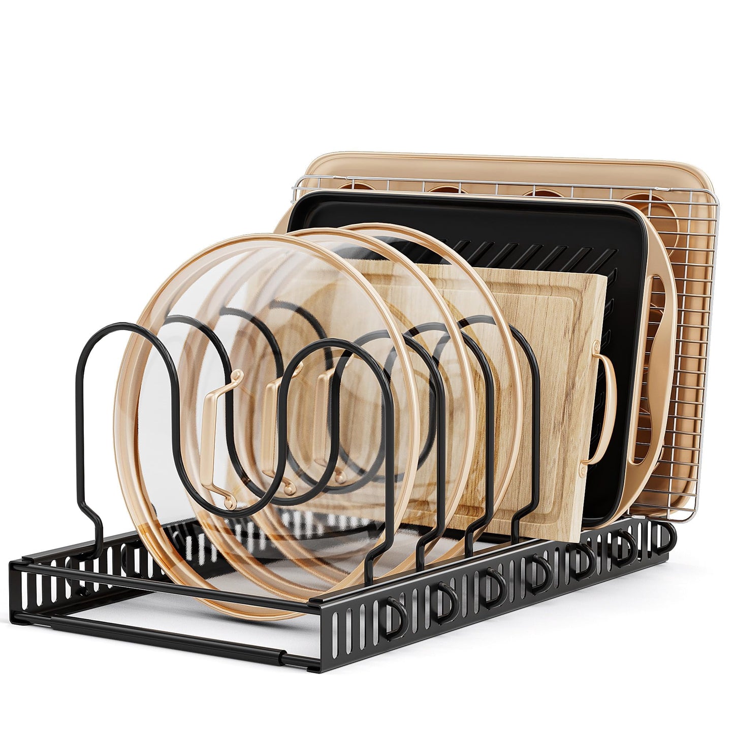 Delamu Pot and Pan Organizer Rack, 7 Adjustable Slots Cutting Boards Holder, Baking Pan Rack for Kitchen Cabinet Organizer