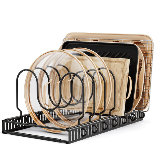 Delamu Pot and Pan Organizer Rack, 7 Adjustable Slots Cutting Boards Holder, Baking Pan Rack for Kitchen Cabinet Organizer
