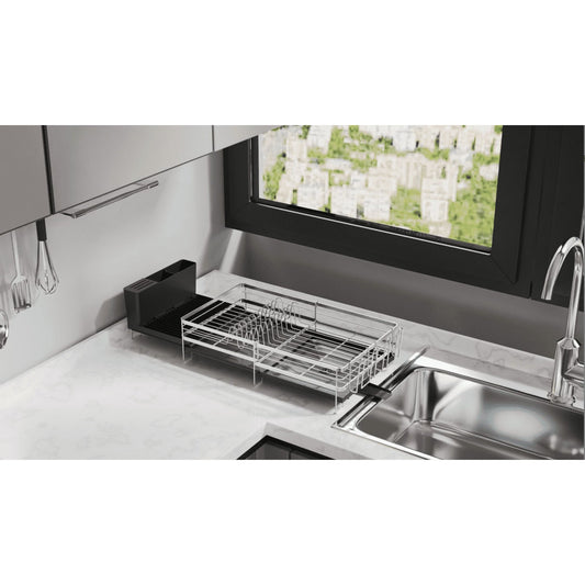 Delamu Extendable Dish Rack Kitchen Drainer Set with Utensil & Cup Holders, Black