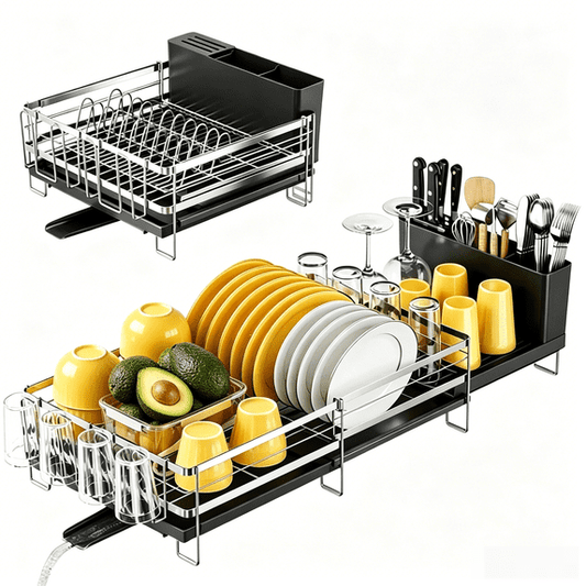 Delamu Large Dish Drying Rack - Extendable Dish Rack for Kitchen Counter, Multifunctional Dish Drainer with Drainboard Set, Dishrack with Utensil Holder & Cup Holder, 13.4"-28.7" L x 11.8" W