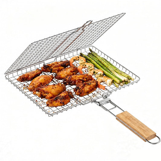 Delamu Fish Grilling Basket, Portable Stainless Steel BBQ Grill Basket for Fish Vegetables Shrimp with Detachable Handle