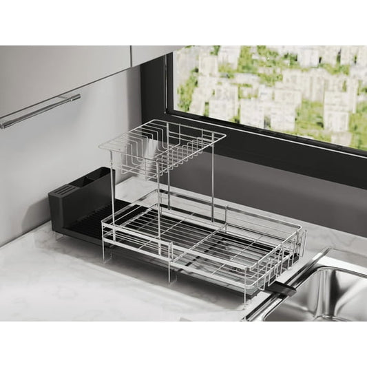 Delamu Large Dish Drying Rack - Extendable Dish Rack for Kitchen Counter, Multifunctional Dish Drainer with Drainboard Set, Dishrack with Utensil Holder & Cup Holder, 13.4"-28.7" L x 11.8" W