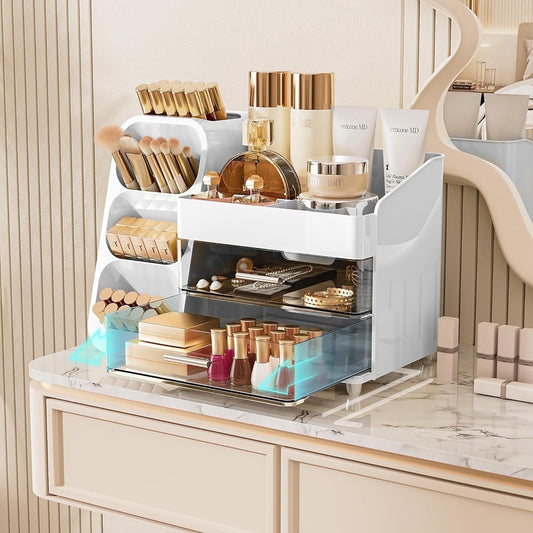 Delamu Makeup Organizer with Drawers for Vanity, Spacious Cosmetic Display Case with Makeup Brush Holder, Perfect Vanity Bathroom Organizer and Storage for Skincare & Beauty Essentials, White