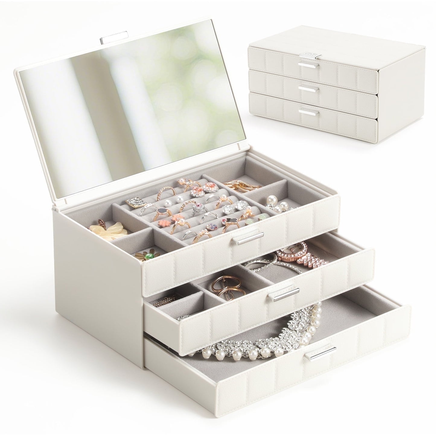 Delamu 3 Tier Jewelry Organizer Box, Jewelry Storage Case, Large Jewelry Organizers and Storage with Mirror for Earring & Necklace
