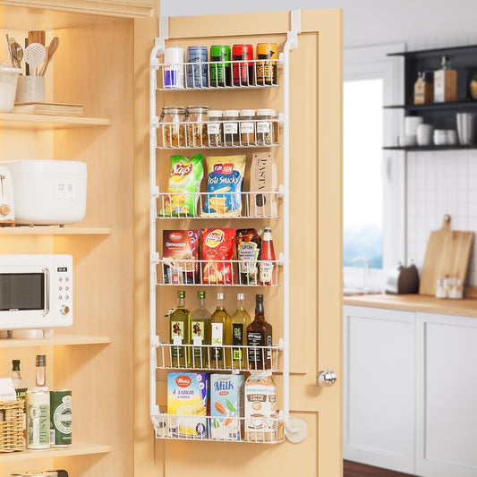 ROSSNY Over the Door Pantry Organizer 6-Tier Hanging & Wall Mount Spice Rack, Metal Behind The Door Storage Shelf,White