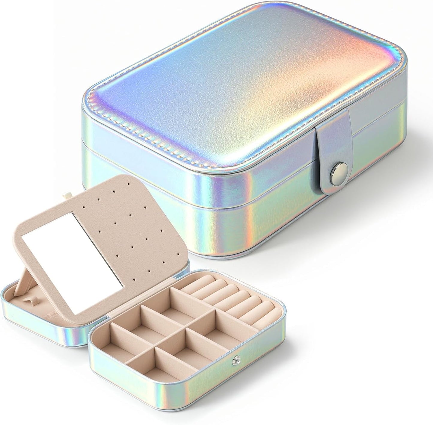 Delamu Portable Jewelry Box with Snap Lock Double-Layered Organizer for Women Girls PU Leather Travel Display Case for Earrings Rings Necklaces