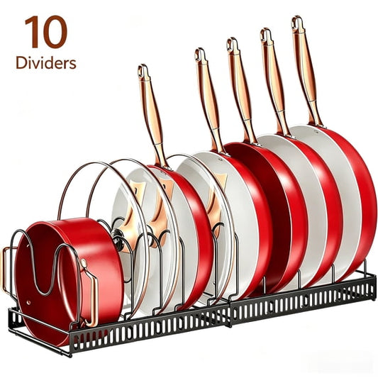Delamu Pots and Pans Organizer Rack, Expandable 11.71-22.85 Inch Pot Rack Under Cabinet, 10 Adjustable Dividers Storage Pan Organizer Rack for Cookie Sheets