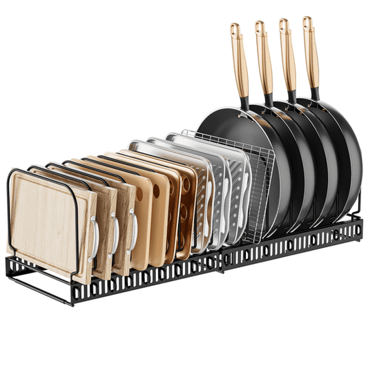 Delamu Expandable Pots and Pans Organizer, Cutting Board Holder and Baking Sheet Rack, 15 Adjustable Dividers Kitchen Storage Rack for Cookie Sheets, Pans and Cutting Broad