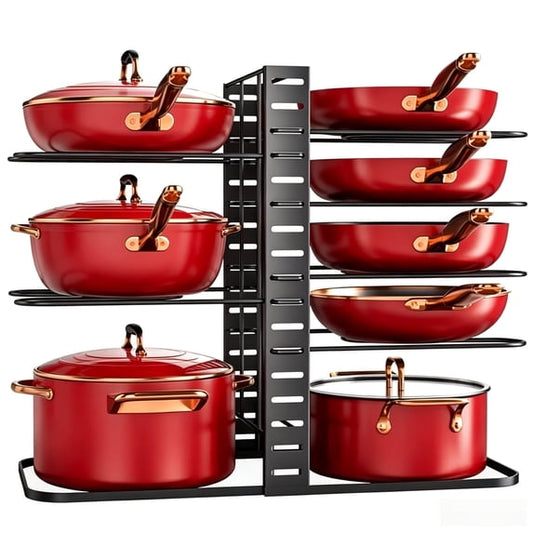 Delamu Pots and Pans Organizer Rack under Cabinet, 8-Tier Adjustable Pot Racks, Pan Organizers inside Cabinet with 3 DIY Methods