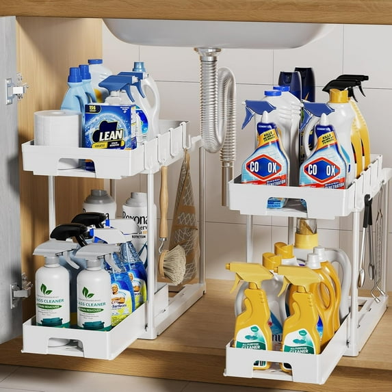 Delamu Pull-Out 2 Tier Bathroom Organizers and Storage, Under Sink Organizer, Kitchen Cabinet Organizer White, 2 (Count)