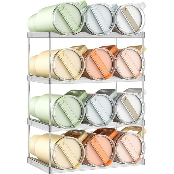 Delamu Stackable Water Bottle Holder Organzier for 40 oz Large Tumbler, 4 Tier Clear Tumbler Bottle Cup Rack for Kitchen Cabinet Organziers and Storage, Hold 12