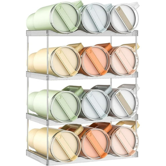Delamu Stackable Water Bottle Holder Organzier for 40 oz Large Tumbler, 4 Tier Clear Tumbler Bottle Cup Rack for Kitchen Cabinet Organziers and Storage, Hold 12