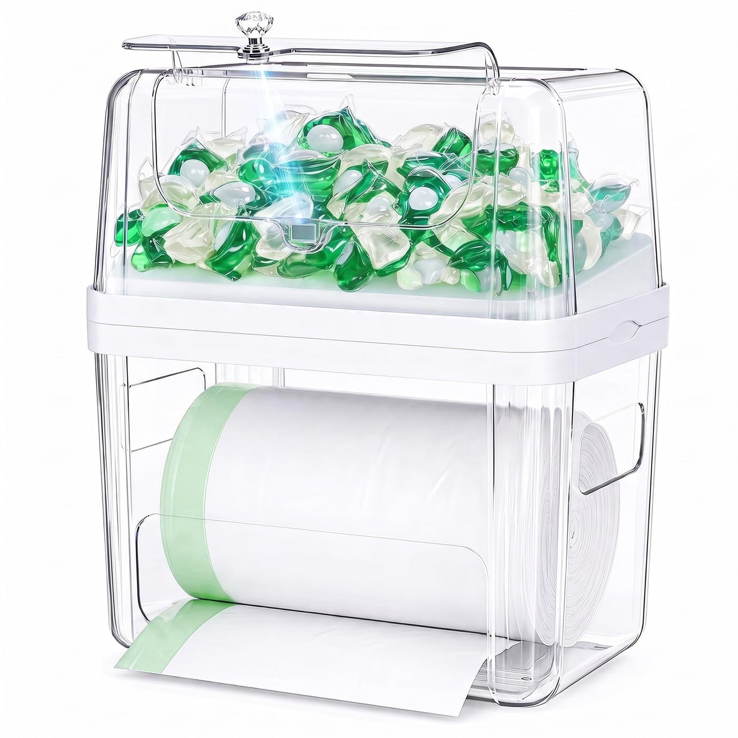 Delamu 3 In 1 Trash Bag Holder, Garbage Bag Dispenser with Moistureproof Seal Cap , Clear Laundry Pod Organizer for Under Sink Organization, Pantry Storage, Cabinet, Kitchen, Laundry Room