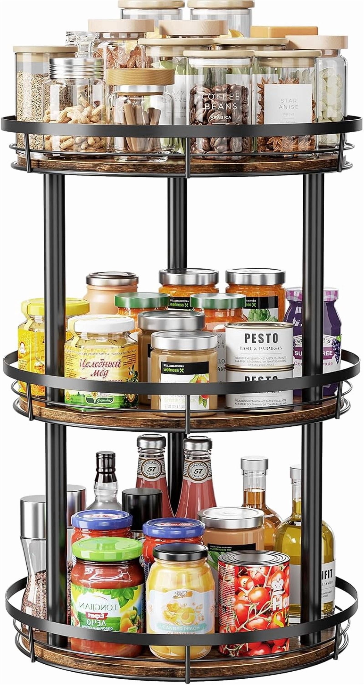LAMU 12" Lazy Susans Turntable Organizer 3-Tier for Cabinet Pantry Kitchen Countertop Refrigerator Cupboard, Carbonized Wood Black