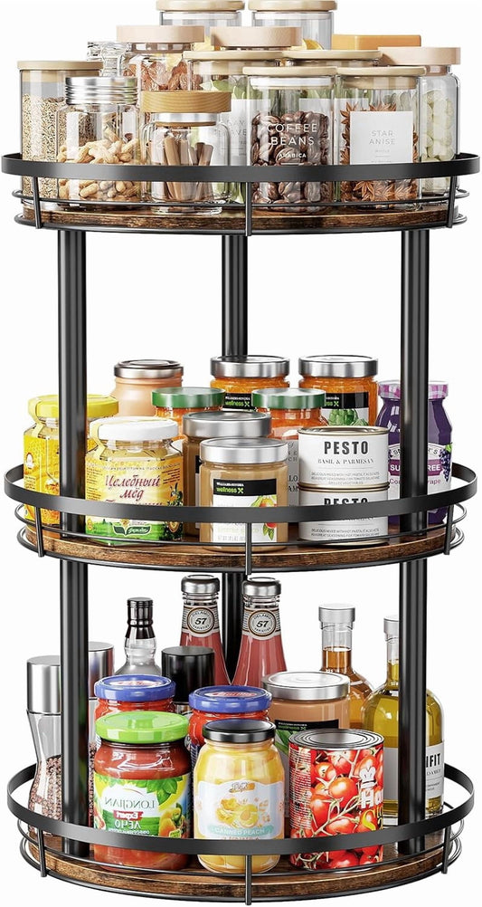 LAMU 12" Lazy Susans Turntable Organizer 3-Tier for Cabinet Pantry Kitchen Countertop Refrigerator Cupboard, Carbonized Wood Black