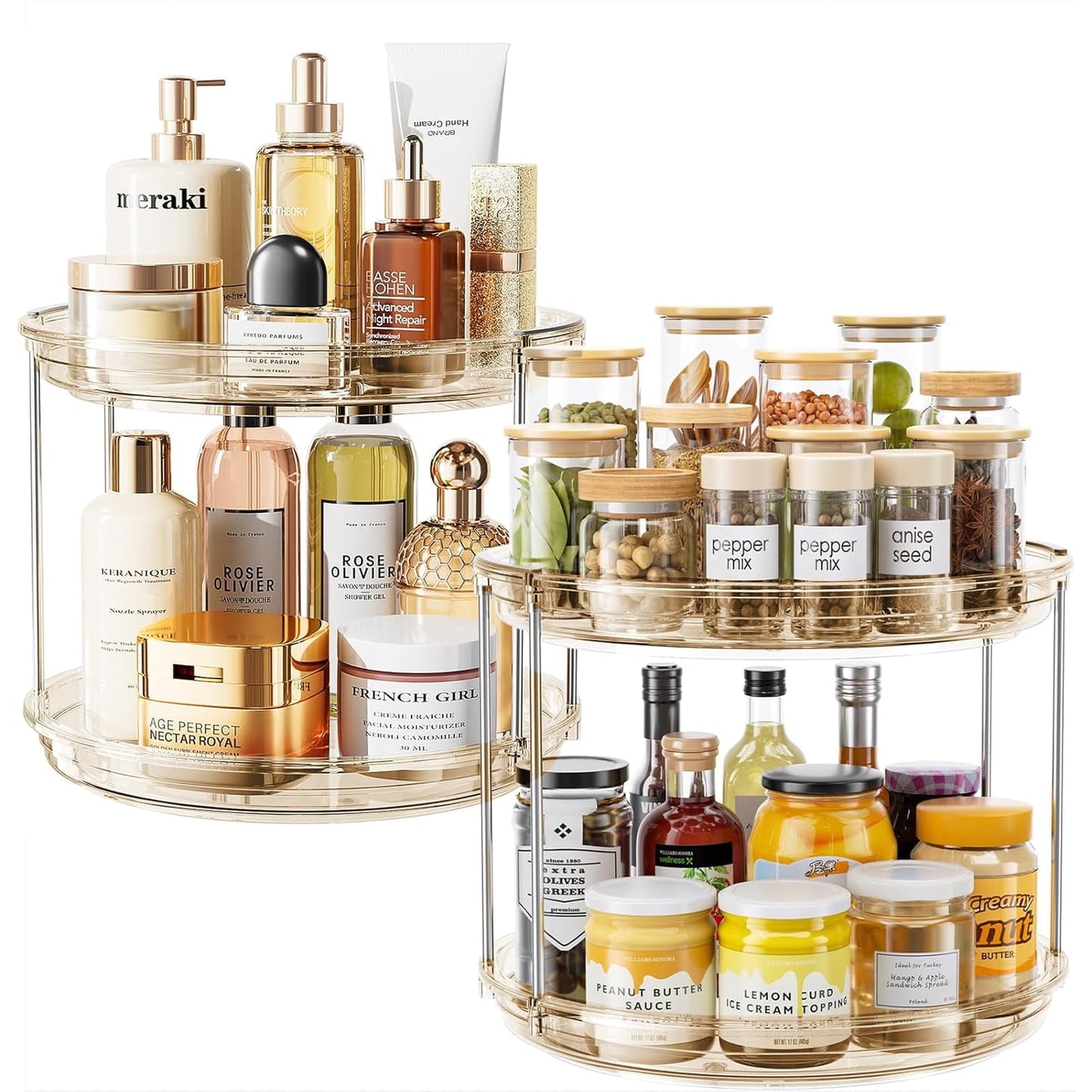 2 Pack 2 Tier Lazy Susan Turntable Organizer 10.6'' Rotating Spice Rack Organization for Cabinet, Kitchen, Pantry, Countertop, Bathroom, Vanity, Medicine Cabinet Organizer, Amber
