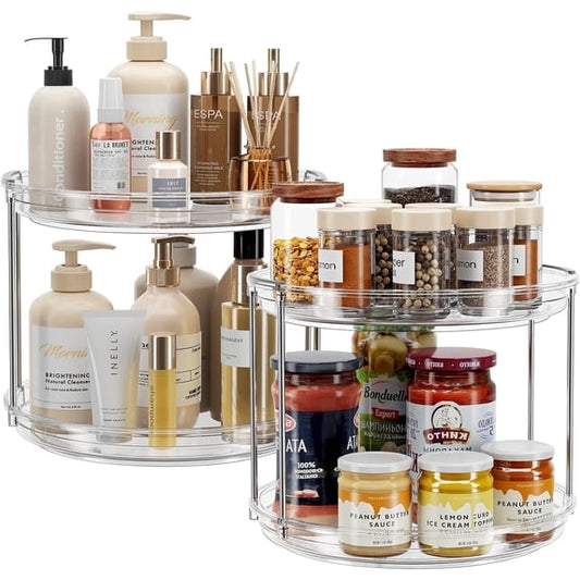 ROSSNY 2 Pack 9.25" 2-Tier Lazy Susan Turntable Organizer Countertop Kitchen Organization and Storage Spice Rack Bathroom Vanity Holder, Clear