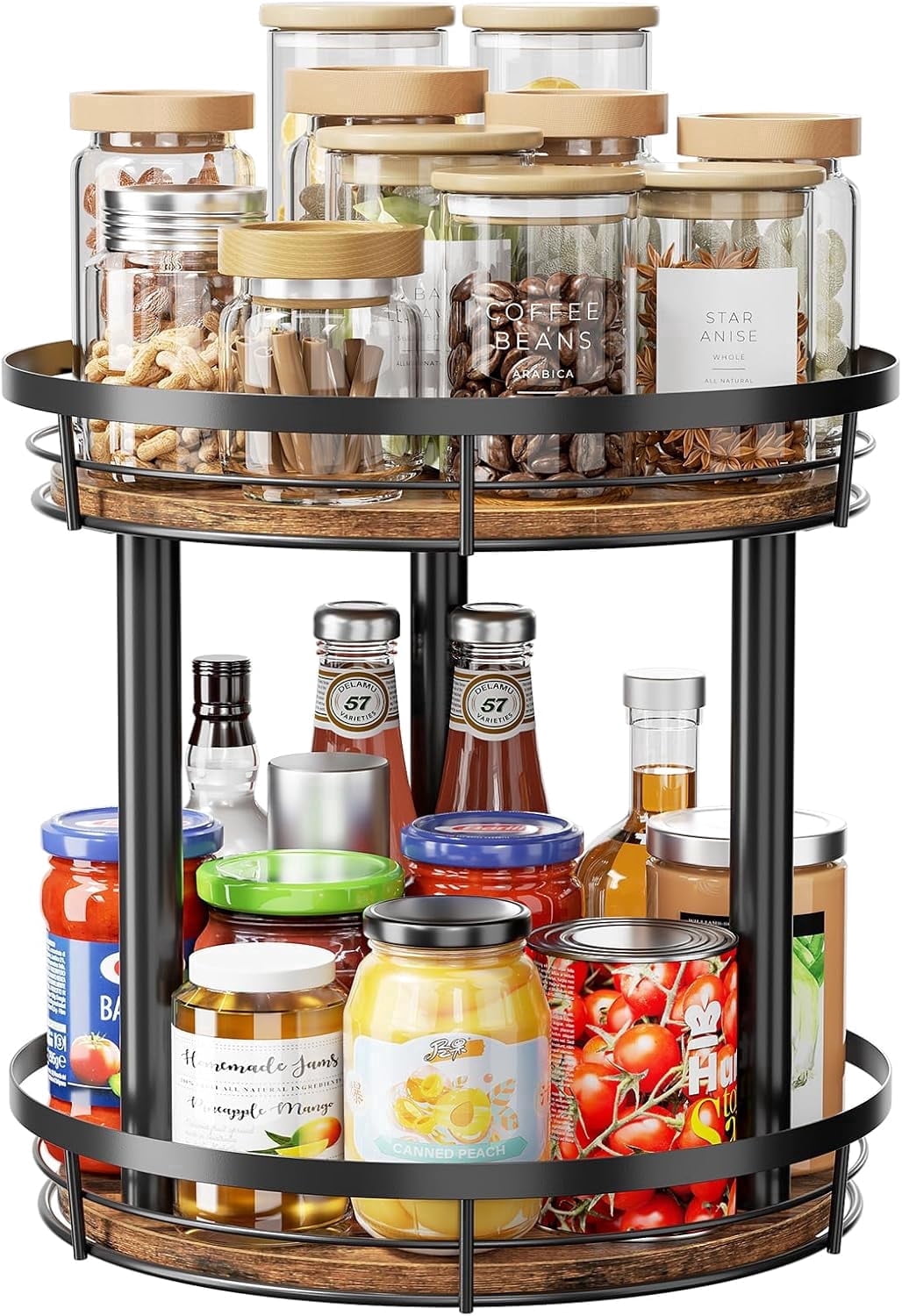 LAMU 10" 2 -Tier Lazy Susans Turntable Organizer for Cabinet Pantry Kitchen Countertop Refrigerator Cupboard, Carbonized Wood Black
