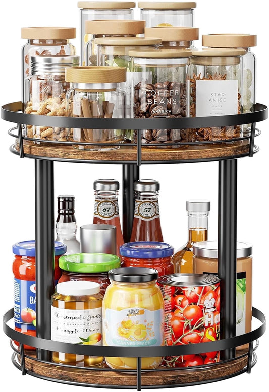 LAMU 10" 2 -Tier Lazy Susans Turntable Organizer for Cabinet Pantry Kitchen Countertop Refrigerator Cupboard, Carbonized Wood Black